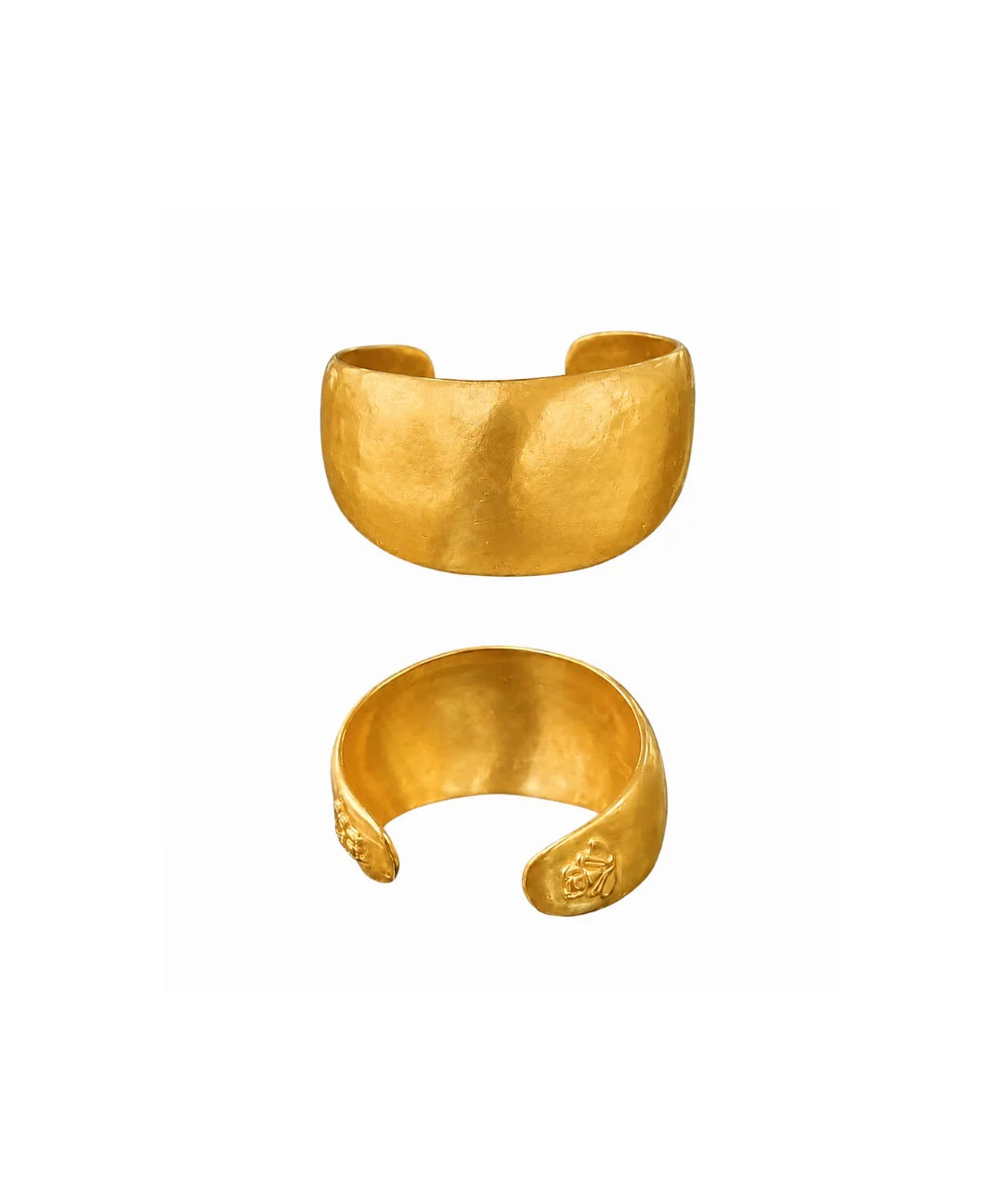 Two textured gold cuff bracelets shown on a plain white background, one above the other.