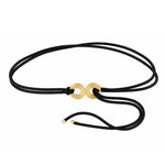 A double-strand black cord bracelet with two polished gold circular disc charms in the center, displayed on a clean white background.