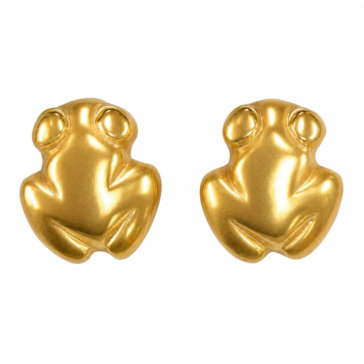 A pair of gold frog-shaped stud earrings on a plain white background.
