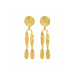 A pair of gold dangle earrings with a spiral disc design on the top, connected to elongated oval links, and ending in teardrop-shaped drops, shown against a plain white background.