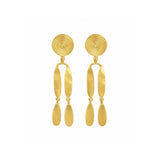 A pair of gold dangle earrings with a spiral disc design on the top, connected to elongated oval links, and ending in teardrop-shaped drops, shown against a plain white background.
