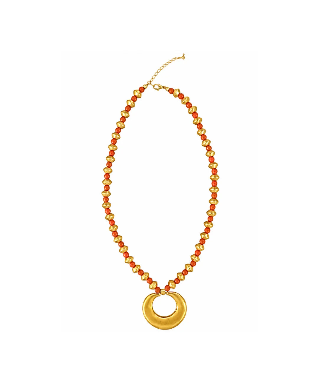 A gold-tone beaded necklace featuring alternating red and gold beads, with a large flat circular gold pendant at the center, displayed on a clean white background.