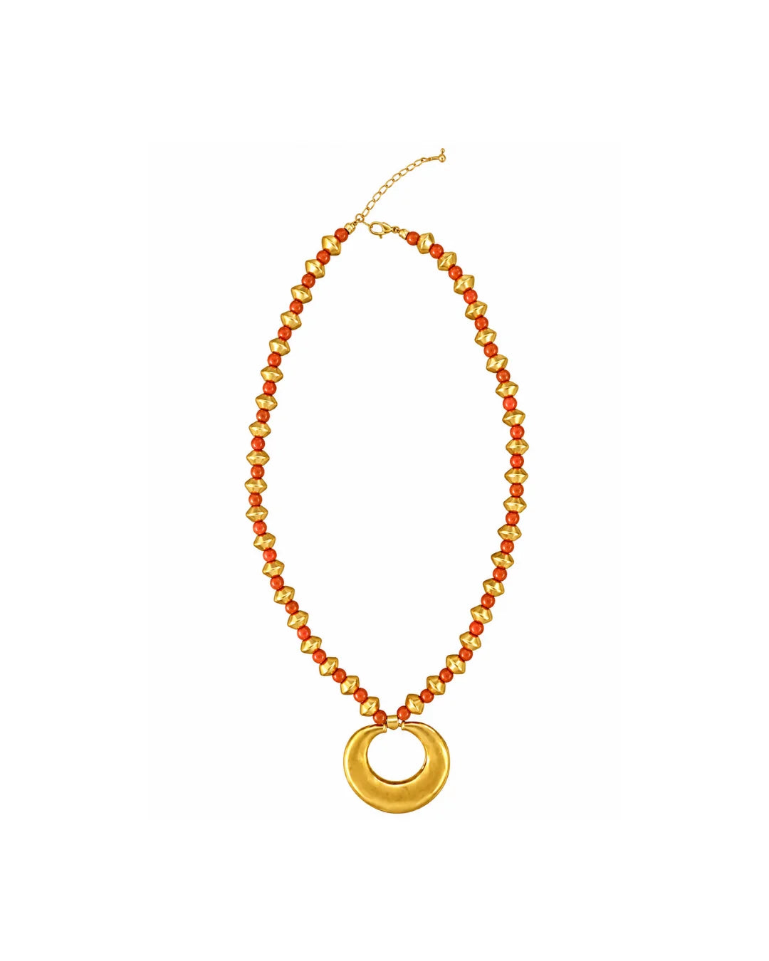 A gold-tone beaded necklace featuring alternating red and gold beads, with a large flat circular gold pendant at the center, displayed on a clean white background.
