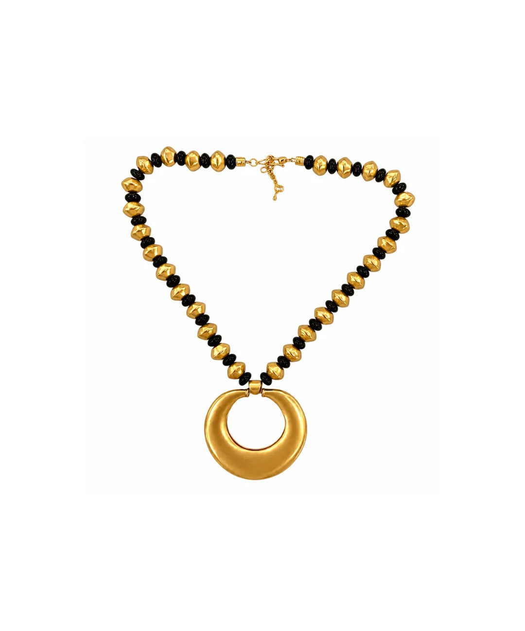 A gold-tone beaded necklace with alternating polished round beads and smaller faceted beads, featuring a large open circular pendant at the center, shown on a plain white background.