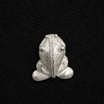 A small silver frog-shaped brooch or charm with textured details and raised eyes, centered on a black textured background.