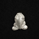 A small silver frog-shaped brooch or charm with textured details and raised eyes, centered on a black textured background.