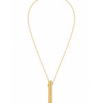 A gold necklace featuring a delicate chain and a vertical cylindrical pendant with a small engraved letter 'A' at the bottom, displayed on a solid white background.