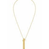 A gold necklace featuring a delicate chain and a vertical cylindrical pendant with a small engraved letter 'A' at the bottom, displayed on a solid white background.