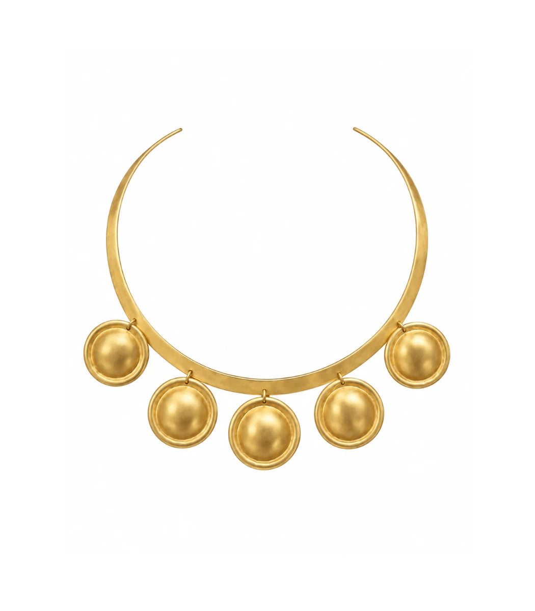 Gold-toned statement collar necklace with five hanging dome charms, shown on a plain white background.