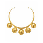 Gold-toned statement collar necklace with five hanging dome charms, shown on a plain white background.