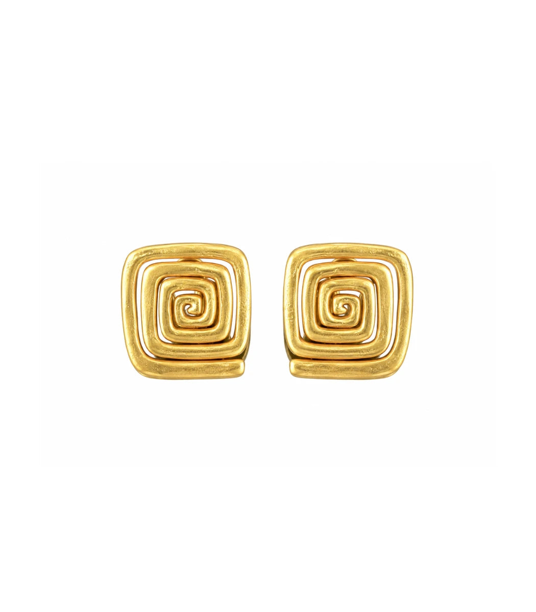 A pair of gold square stud earrings with a concentric spiral design, shown on a plain white background.