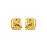 A pair of gold square stud earrings with a concentric spiral design, shown on a plain white background.