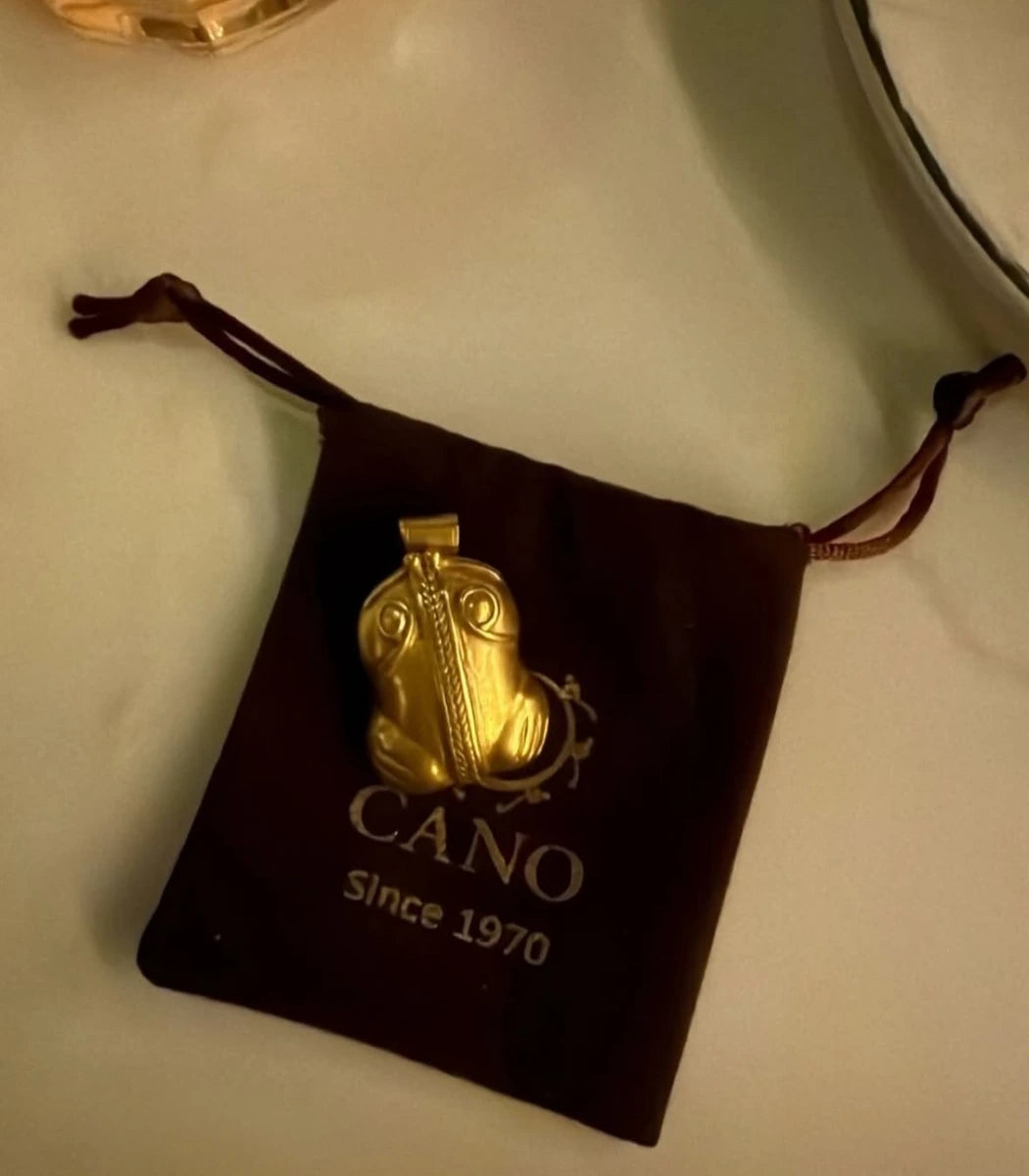A gold pendant necklace displayed on a dark brown velvet drawstring pouch with the brand name CANO and 'Since 1970' printed on it, set against a light beige background.